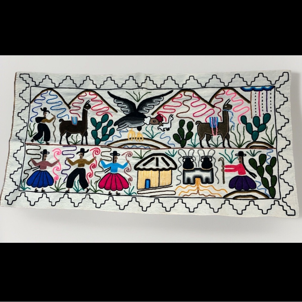 Hand-Embroidered Folk Art Wall Textile in Multi-Color